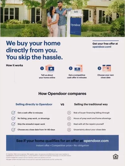 Home selling direct mail example: Opendoor simple-home-sale comparison mailer. Blue self-mailer, simple-sale headline, home photography, traditional-sale comparison, and online response.