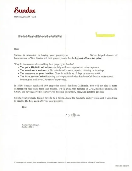 Home selling direct mail example: Sundae home-buying inquiry letter. Personalized letter, home-sale inquiry, seller guidance, branded response page, and phone response.