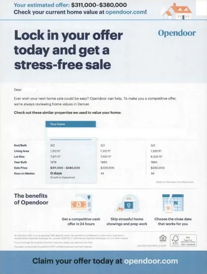 Home valuation direct mail example: Opendoor estimated-value lock-in package. Blue offer package, estimated-value comparison, lock-in headline, benefits table, and online response.