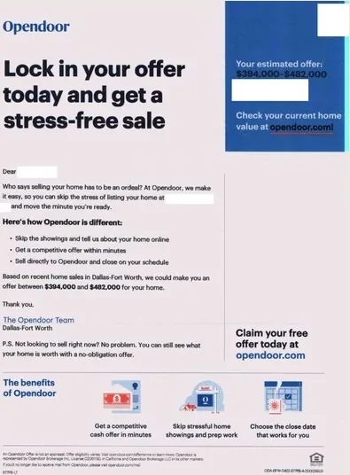 Home valuation direct mail example: Opendoor stress-free sale offer. Blue-and-pink envelope package, home-value estimate, stress-free sale promise, and online response.