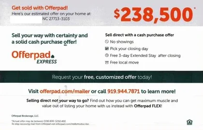 Home selling direct mail example: Offerpad cash-offer mailer. Two-page photo-led mailer, cash-offer headline, home-sale comparison, and shop-or-order response.