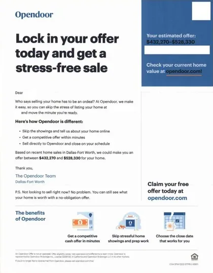 Home valuation direct mail example: Opendoor lock-in offer package. Blue multi-page package, estimated home-value panel, lock-in offer headline, benefits list, and online response.