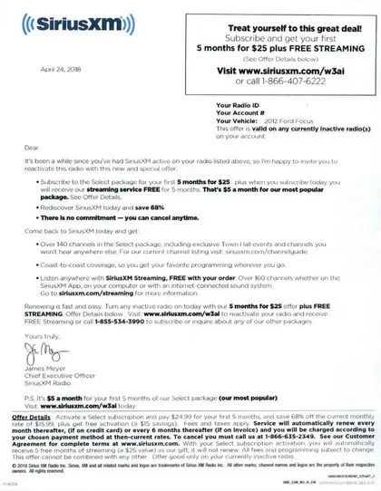 Subscription services direct mail example: SiriusXM renewal and savings letter. Branded envelope, long-form renewal letter, discounted plan panel, and online response.
