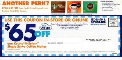Home furnishings direct mail example: Bed Bath & Beyond 20% coupon mailer. Blue-and-white coupon panel, large percentage-off offer, in-store or online redemption, and product promotion.