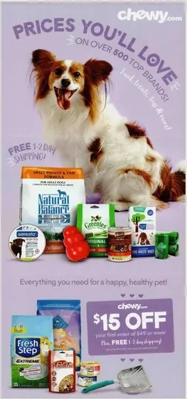 Pet supplies direct mail example: Chewy pet-supplies welcome package. Bright multi-page pet offer, dollar-off incentive, product imagery, free-shipping message, and order path.