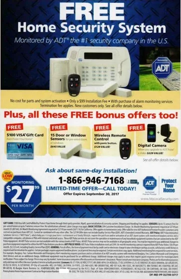 Home security direct mail example: ADT home-security bundle offer. Dark blue price-led package, free equipment bonuses, monthly monitoring rate, and phone response.