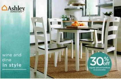 Furniture direct mail example: Ashley furniture seasonal discount package. Room photography, prominent discount offer, seasonal furniture scenes, and store or online action.