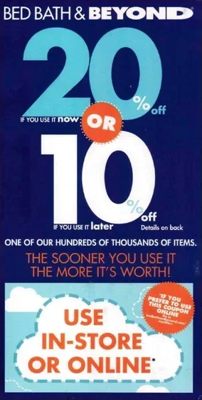 Home furnishings direct mail example: Bed Bath & Beyond percentage-off coupon package. Coupon sheet paired with an oversized percentage-off panel and in-store or online redemption.