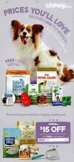 Pet supplies direct mail example: Chewy pet-coupon self-mailer. Two-page pet imagery, dollar-off coupon, product grid, shipping message, and online order path.