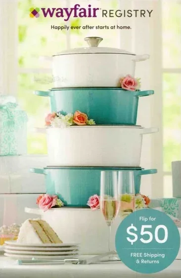 Home furnishings direct mail example: Wayfair registry and seasonal offer. Room and registry imagery, signup or seasonal discount, product highlights, and online redemption.