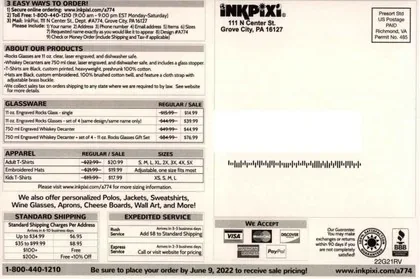 Apparel direct mail example: InkPixi personalized apparel order form. Order-form letter, personalized product preview, apparel imagery, size and order details, and URL response.