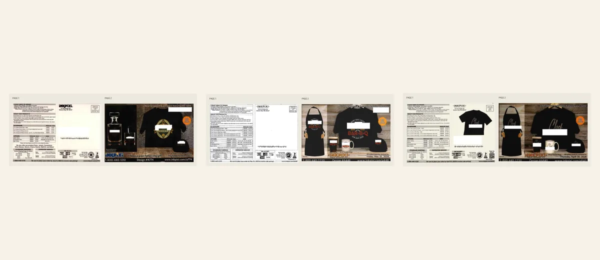 Examples of InkPixi personalized apparel order form