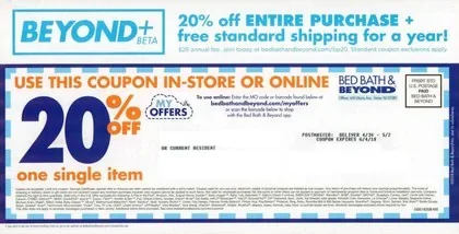 Home furnishings direct mail example: Bed Bath & Beyond percentage-off coupon card. Coupon-focused two-page layout, savings choice, bold blue creative, and in-store or online response.