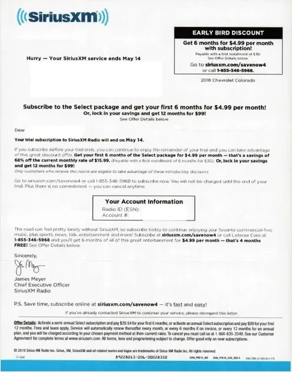 Subscription services direct mail example: SiriusXM extended free-month renewal package. Multi-page renewal letter, free-month savings comparison, plan chart, and online response.