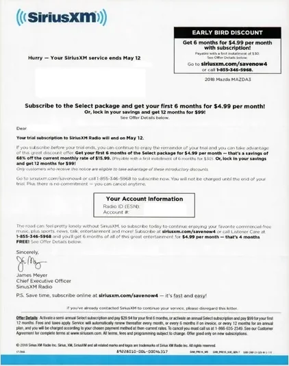 Subscription services direct mail example: SiriusXM free-months upgrade package. Multi-page renewal notice, free-month headline, plan comparison, and online response.