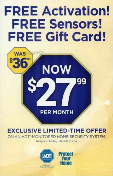 Home security direct mail example: ADT free-sensor home-security offer. Blue-and-yellow price-led package, free sensor and gift-card message, monthly rate, and phone response.