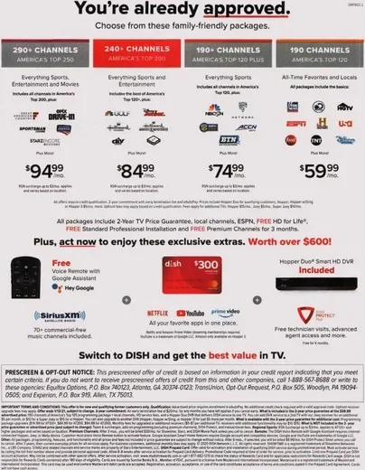 Television direct mail example: DISH approved-offer package. Red-and-white envelope package, approved-offer letter, channel and price table, and phone response.
