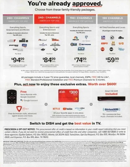 Television direct mail example: DISH switch-and-save package. DISH envelope, switch-and-save offer letter, price tiers, bonus panel, and apply response.