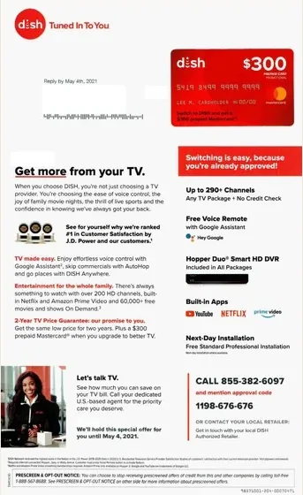 Television direct mail example: DISH channel-choice package. DISH letter, channel-grid comparison, package tiers, offer panel, and apply response.