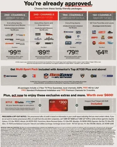 Television direct mail example: DISH red price-table package. DISH offer letter, large red incentive panel, tiered price table, and phone response.