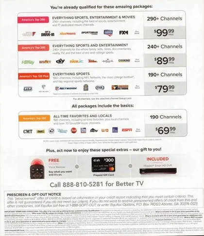 Television direct mail example: DISH family-and-price package. DISH multi-page package, household imagery, service benefits, tiered price table, and phone response.