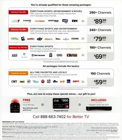 Television direct mail example: DISH TV-that-works package. DISH envelope, family lifestyle letter, plan comparison grid, testimonials, and phone response.