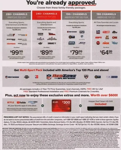 Television direct mail example: DISH better-TV upgrade package. DISH upgrade message, guaranteed-price or value panel, channel comparison, and phone response.