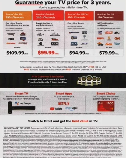 Television direct mail example: Red television-price guarantee package. Red offer package, guaranteed-price headline, tiered channel table, and phone response.