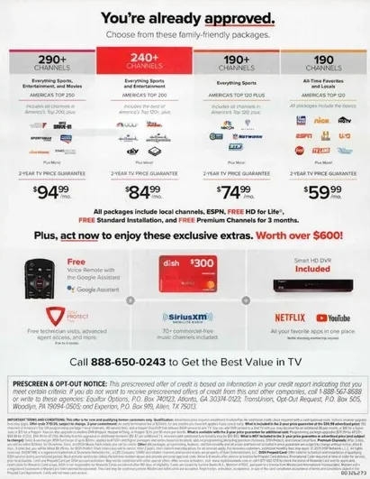 Television direct mail example: DISH family-plan offer package. DISH envelope, family-plan message, red incentive panel, package price grid, and phone response.