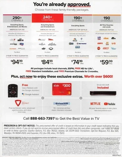 Television direct mail example: DISH value-tier offer package. DISH envelope, value comparison letter, red price tiers, channel table, and phone response.