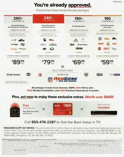 Television direct mail example: DISH household-value package. DISH envelope, household offer letter, red incentive panel, package comparison, and phone response.