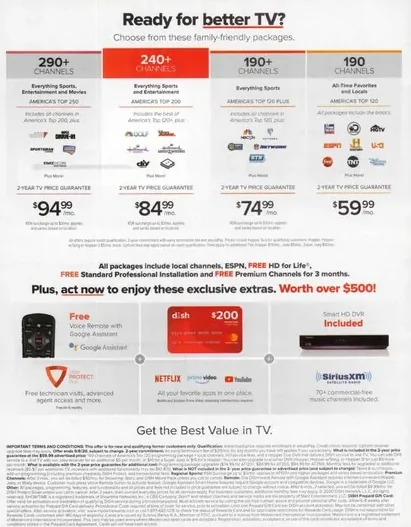 Television direct mail example: DISH ready-for-better-TV package. DISH package, ready-for-better-TV headline, red offer panel, tiered channel table, and phone response.