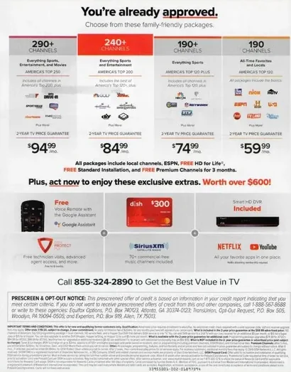 Television direct mail example: DISH family upgrade package. DISH envelope, family upgrade message, red incentive, package price grid, and phone response.