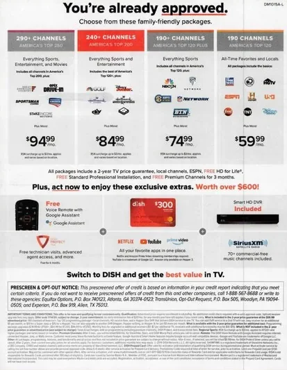 Television direct mail example: DISH renewal-notice package. DISH notice envelope, renewal message, red offer panel, tiered package table, and phone response.