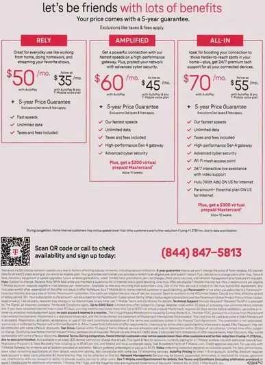 Wireless direct mail example: 5G home-internet offer package. Red-and-white 5G home-internet offer, device or service bundle, monthly price table, and phone response.