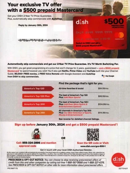 Television direct mail example: DISH channel-listing upgrade package. DISH envelope, upgrade message, red incentive, detailed channel listing, and phone response.