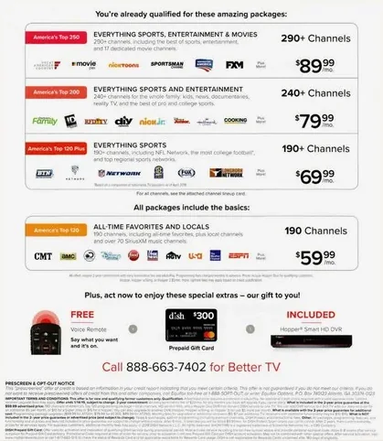 Television direct mail example: DISH family-price comparison package. DISH envelope, lifestyle letter, plan comparison grid, incentive details, and phone response.