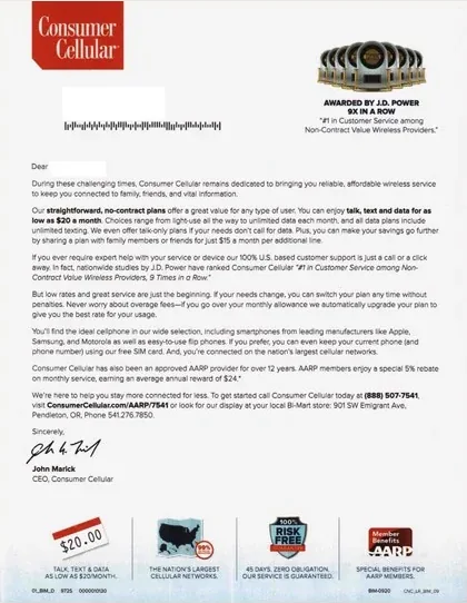 Wireless direct mail example: Consumer Cellular device-bundle package. Red-and-white wireless package, device and accessory panel, plan details, and phone response.
