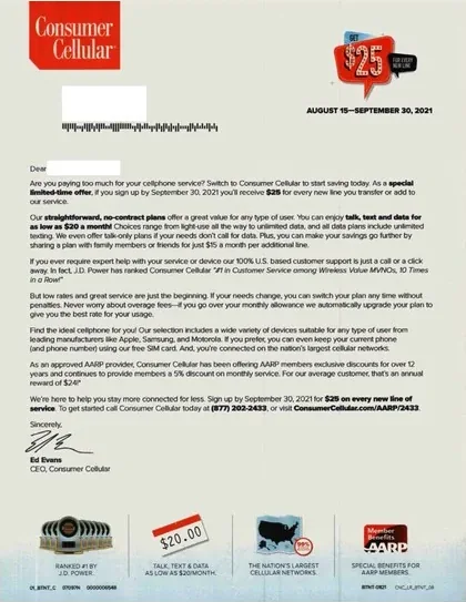 Wireless direct mail example: Consumer Cellular monthly-savings package. Red wireless offer, monthly price or gift incentive, device panel, and phone response.