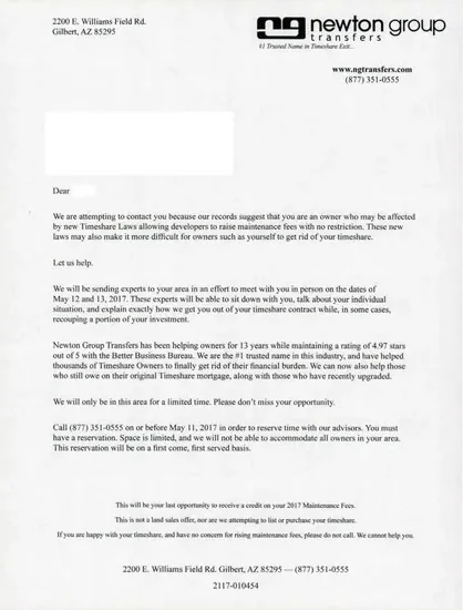 Other direct mail example: Newton Group transfer notification package. Plain envelope, formal transfer letter, ownership language, and phone or web response.