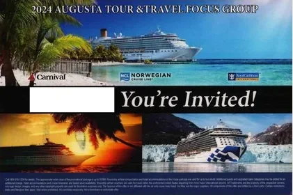 Cruise Lines direct mail example: Multi-cruise hotel invitation package. Two-page invitation with cruise-line logos, hotel partner branding, ship photography, and RSVP phone response.