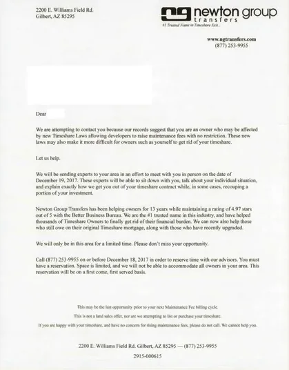 Other direct mail example: Newton Group short transfer letter. Plain envelope, short transfer notice, formal letter, and phone or web response.