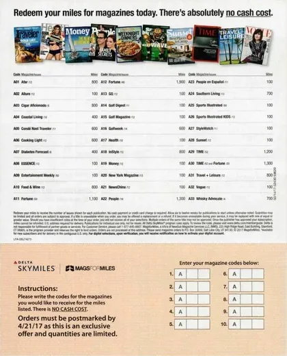 Airlines direct mail example: Delta SkyMiles award package. Red-and-white envelope, loyalty account letter, mileage or fare details, and multi-page travel response insert.