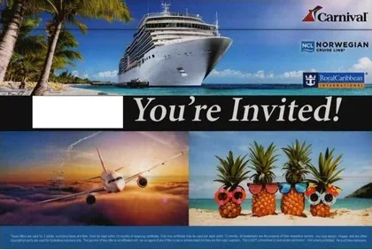 Cruise Lines direct mail example: Blue cruise event invitation package. Two-page invitation with cruise-line logos, destination photography, event details, and RSVP response.