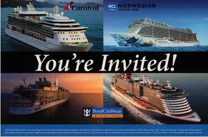 Cruise Lines direct mail example: Cruise partner invitation package. Hotel-partner letter, multi-cruise branding, ship collage, and phone RSVP response.