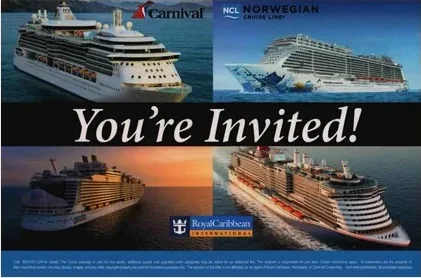 Cruise Lines direct mail example: Cruise invitation with ship collage. Two-page cruise invitation, multi-line ship collage, hotel partner panel, and call-to-RSVP response.