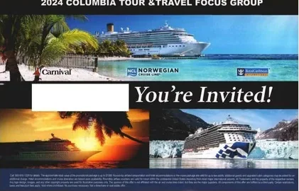 Cruise Lines direct mail example: Destination-focused cruise invitation. Hotel-partner invitation, destination-specific cruise imagery, and phone RSVP response.