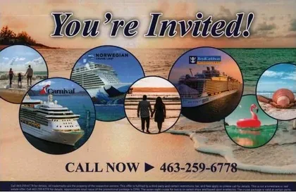 Cruise Lines direct mail example: Cruise invitation with travel-photo montage. Two-page invitation, cruise and destination photo montage, limited-time event copy, and phone response.