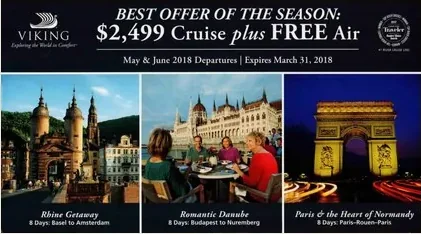 Cruise Lines direct mail example: Viking premium cruise offer. White envelope, dark premium brochure panel, destination photography, free-air or fare offer, and phone response.