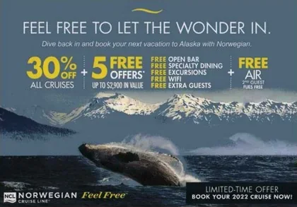 Cruise Lines direct mail example: Norwegian Free at Sea offer. Cruise-letter package, blue or navy offer panel, onboard-benefit callouts, and web response.
